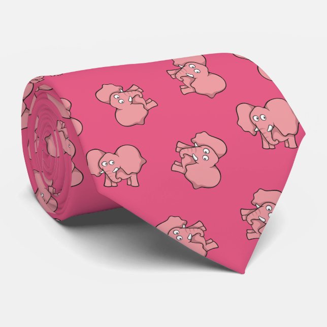Pink Elephant Cartoon Pattern Neck Tie (Rolled)