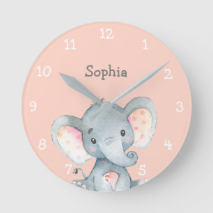 Pink Elephant Cute Baby Girl Name Personalised Round Clock