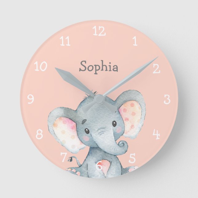 Pink Elephant Cute Baby Girl Name Personalised Round Clock (Front)