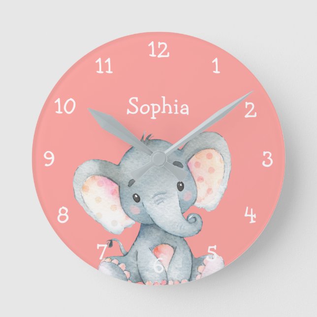 Pink Elephant Cute Baby Girl Name Personalised Round Clock (Front)