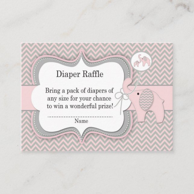 Pink Elephant Diaper Raffle Ticket Enclosure Card (Front)