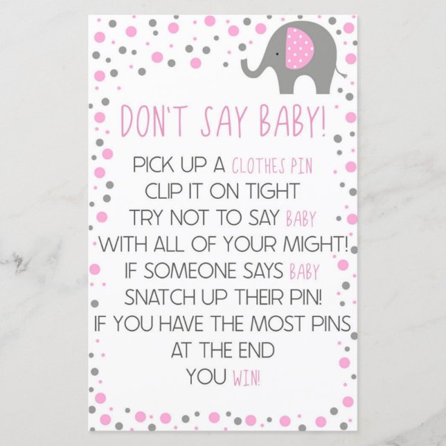 Pink Elephant Don't Say Baby Shower Game (Front)