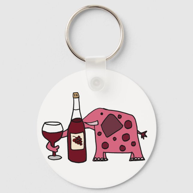 Pink Elephant Drinking Wine Key Ring (Front)