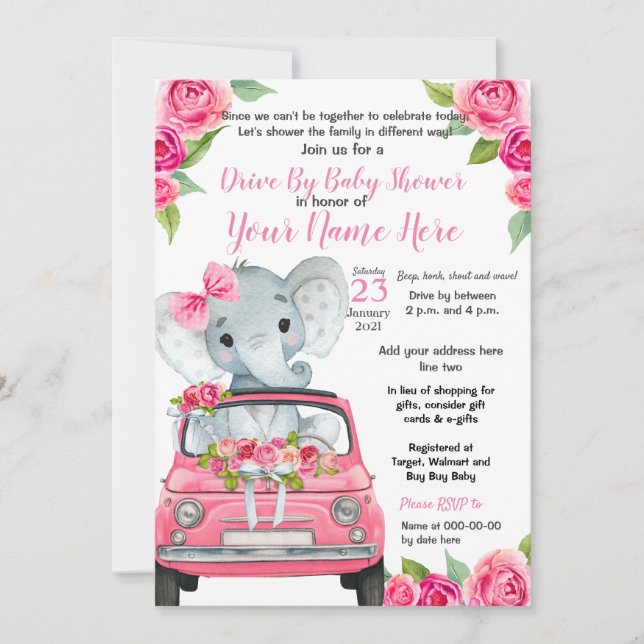 Pink Elephant Drive By Baby Shower Roses Girl Invitation (Front)