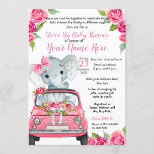Pink Elephant Drive By Baby Shower Roses Girl Invitation