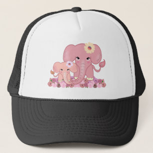 Pink elephant family mother daughter animal flower trucker hat