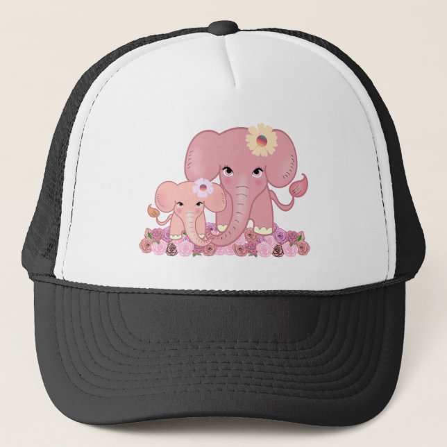 Pink elephant family mother daughter animal flower trucker hat (Front)