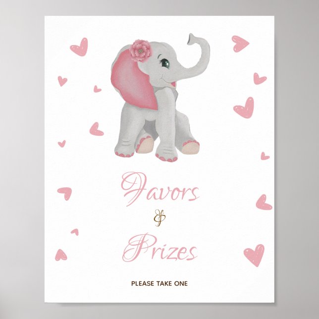 Pink Elephant Favours & Prizes Baby Shower Sign (Front)