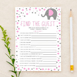 Pink Elephant Find Guest Baby Shower Game Stationery