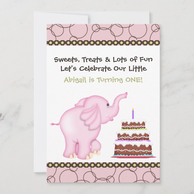 Pink Elephant First Birthday Invitation for Girls (Front)