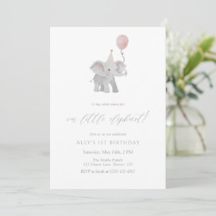 Pink Elephant First Birthday Invitation Watercolor