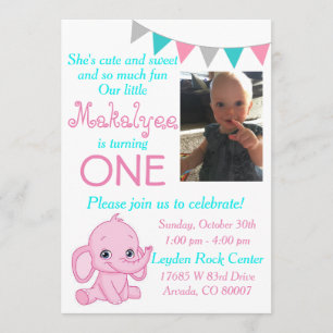 Pink Elephant First Birthday Party Invitation