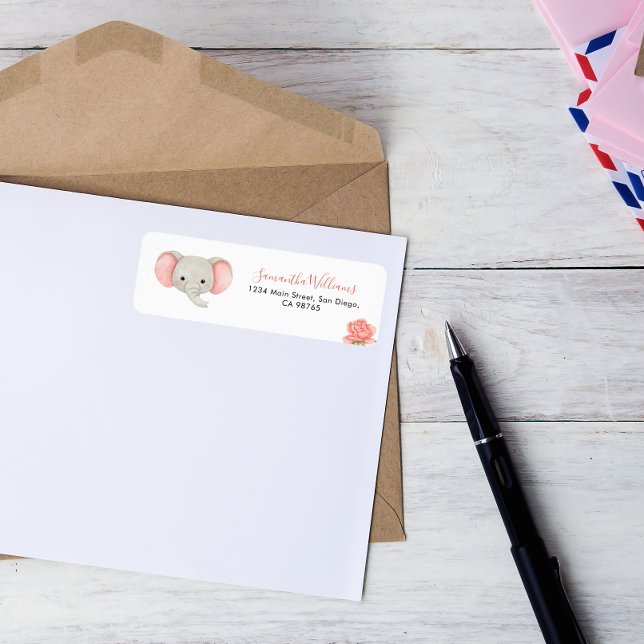 Pink Elephant Floral Baby Shower Return Address La (Creator Uploaded)