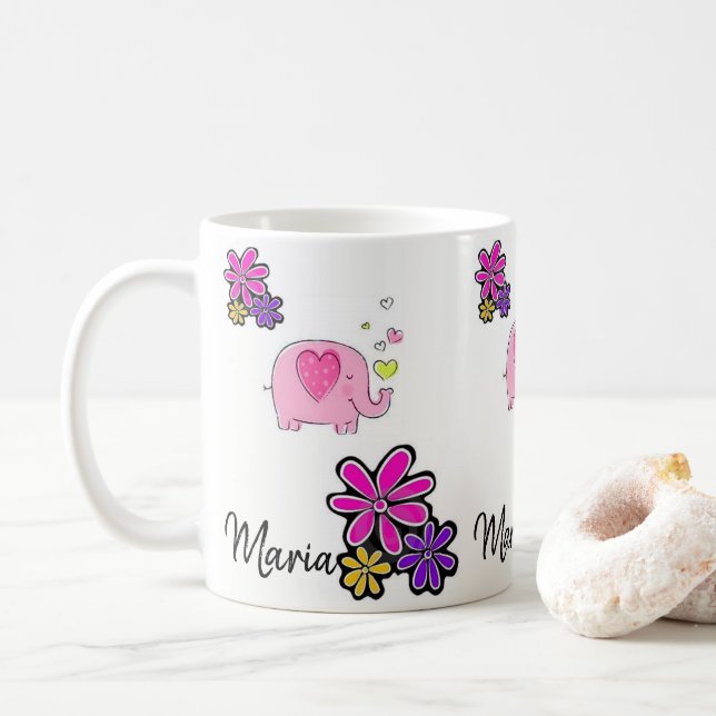 Pink Elephant Floral Mug (With Donut)