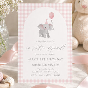 Pink Elephant Gingham 1st Birthday Watercolor Invitation