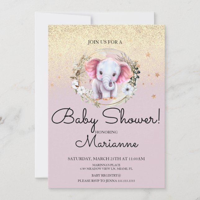 Pink Elephant Girl Baby Shower Faux Gold Glitter  Invitation (Front)