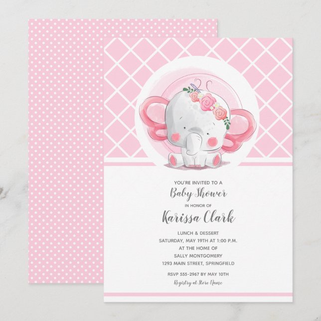 Pink Elephant Girl Baby Shower Invitation (Front/Back)