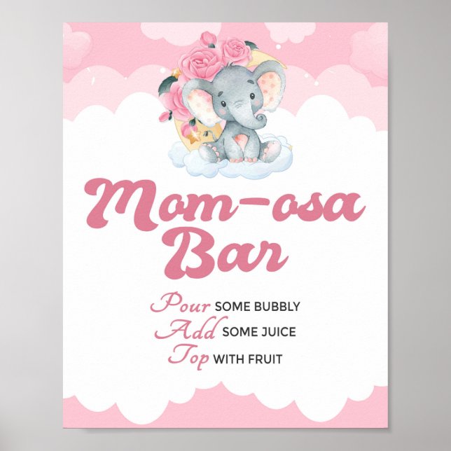Pink Elephant Girl Baby Shower Momosa Bar Sign (Front)