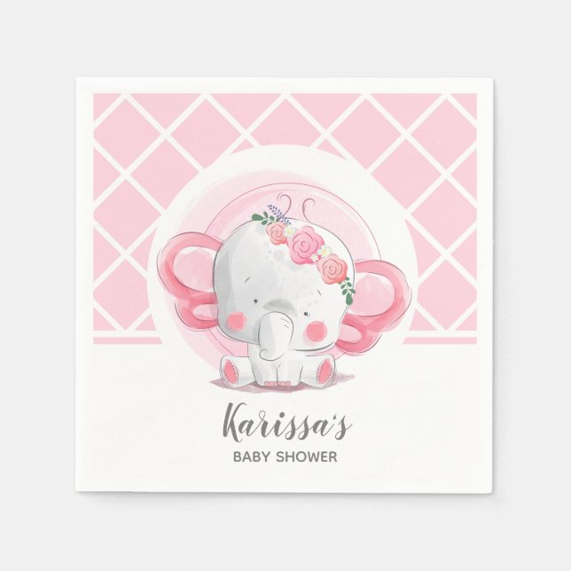Pink Elephant Girl Baby Shower Napkin (Front)