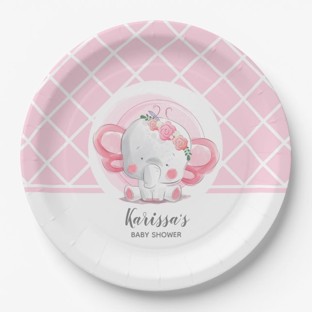 Pink Elephant Girl Baby Shower Paper Plate (Front)