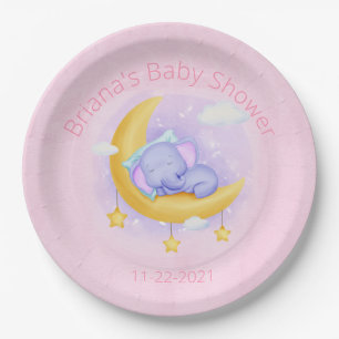 Pink Elephant Girl Baby Shower Paper Plate