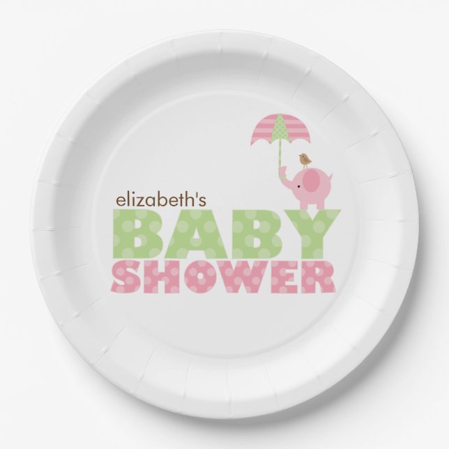 Pink Elephant Girl Baby Shower Paper Plate (Front)
