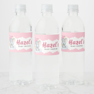 Pink Elephant Girl Baby Shower Water Bottle Label
