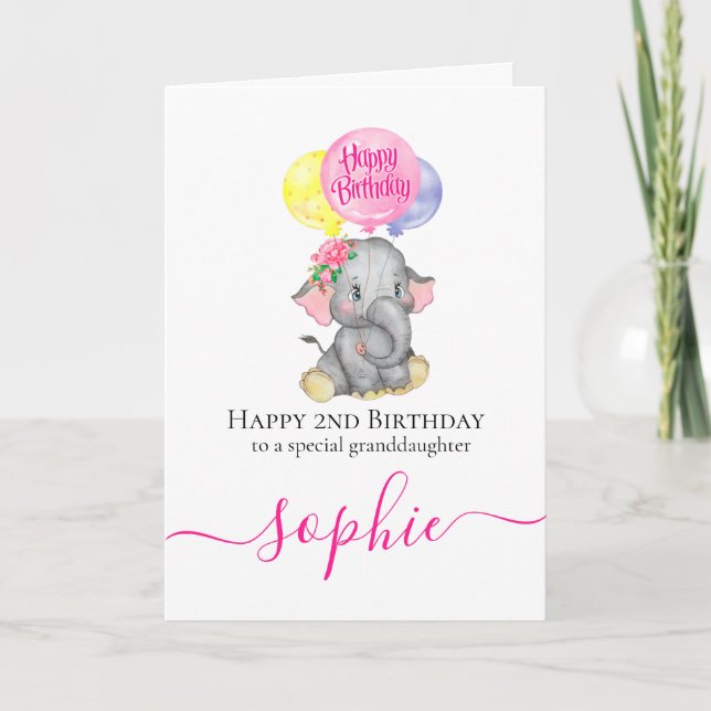 Pink elephant girl birthday card (Front)