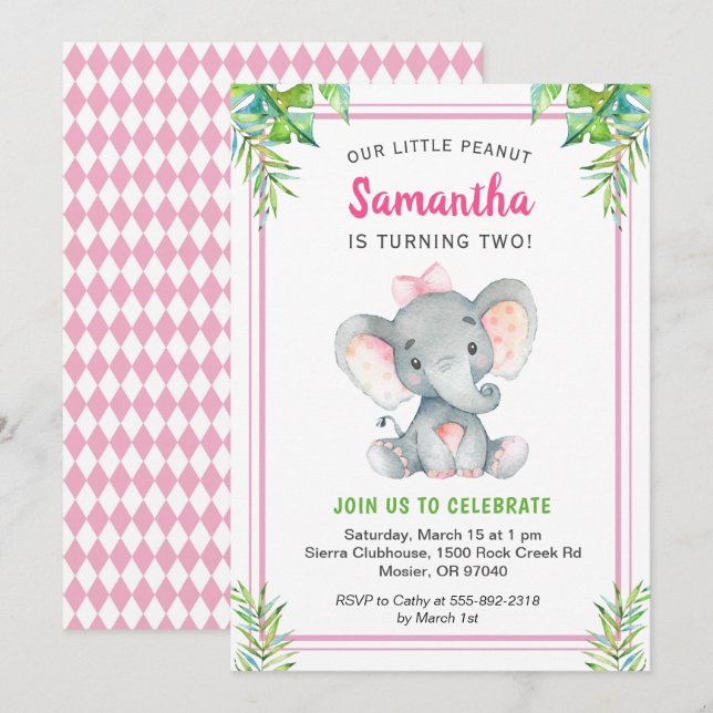 Pink Elephant Girl Birthday Little Peanut Party Invitation (Front/Back)