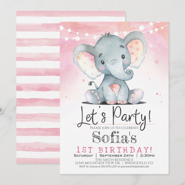 Pink Elephant Girl Birthday Party Invitation (Front/Back)