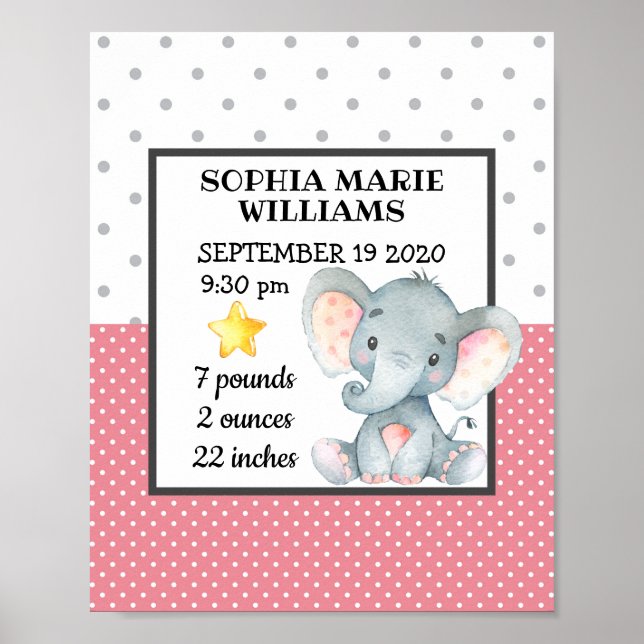 Pink Elephant Girl Birthday Stats Personalised Poster (Front)