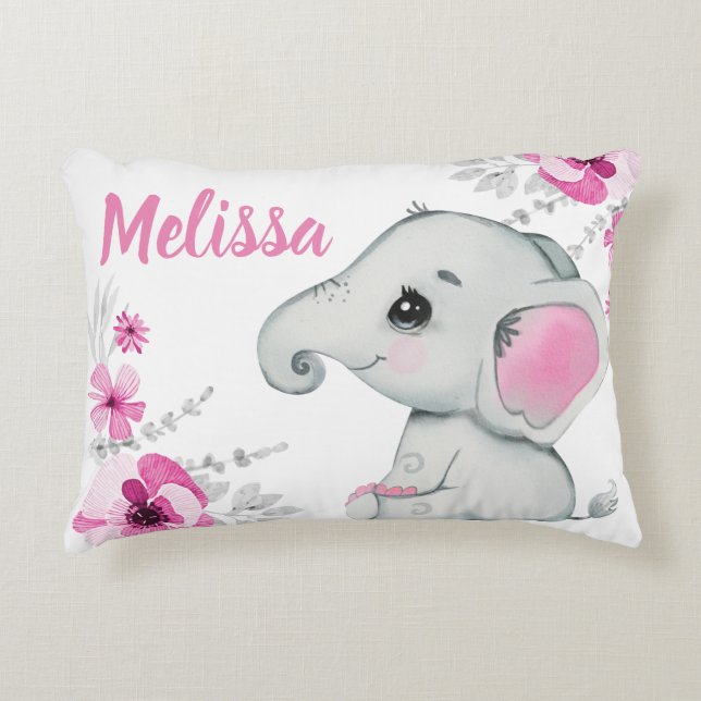 Pink elephant girl Custom name Pillow (Front)