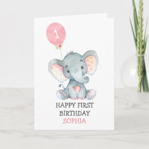 Pink Elephant Girl First Birthday 1st Birthday Card