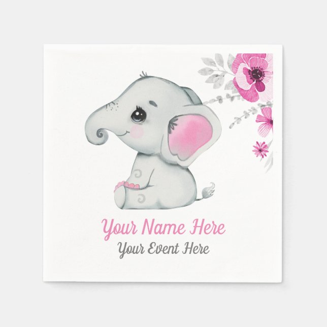 Pink Elephant Girl Napkins Baby Shower Birthday (Front)