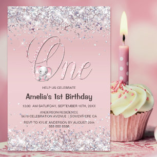 Pink Elephant Glitter 1st Birthday Party Invitation