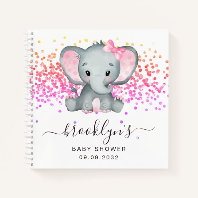 Pink Elephant Glitter Baby Shower Guest Book (Front)