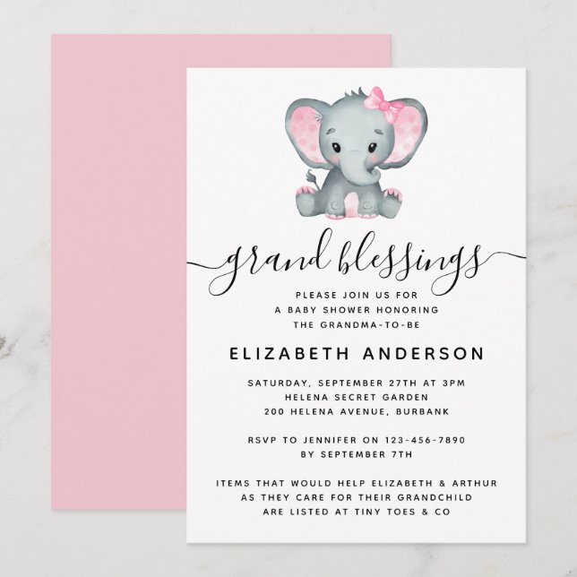 Pink Elephant Grandma Baby Shower Invitation (Front/Back)