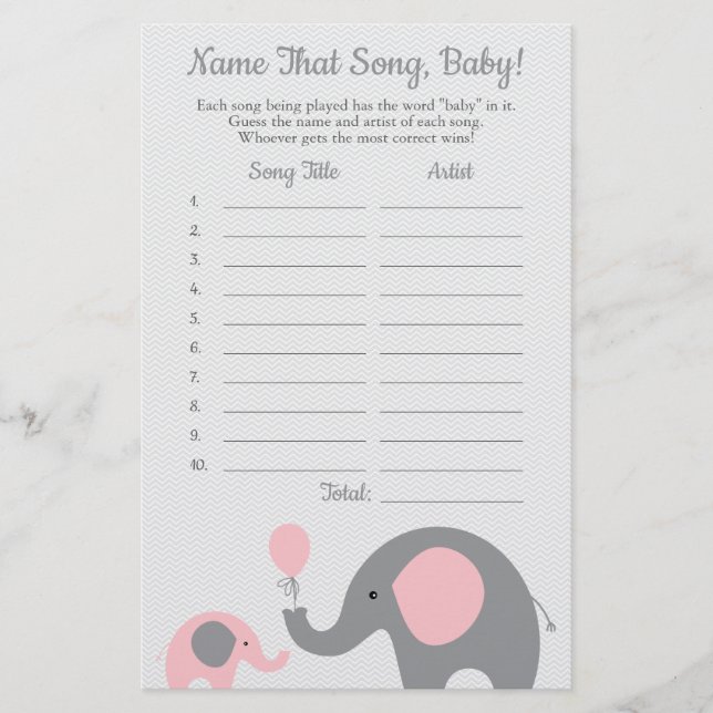 Pink Elephant Guess the Baby Song Baby Shower Game Flyer (Front)