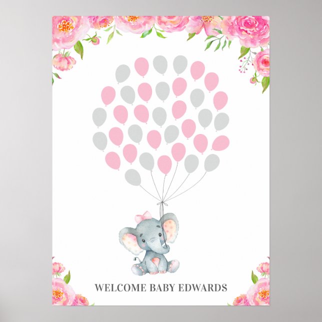 Pink Elephant Guestbook Alternative Sign Poster (Front)
