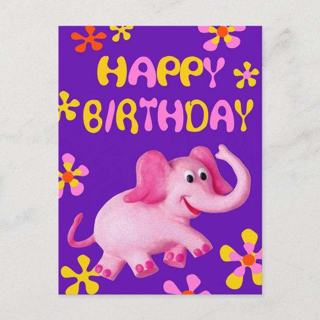 Pink Elephant Happy Birthday Postcard (Front)