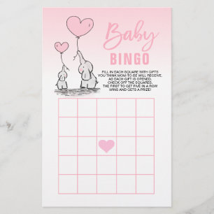 Pink Elephant Heart Girl Baby Shower BINGO Cards
