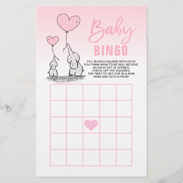 Pink Elephant Heart Girl Baby Shower BINGO Cards (Front)