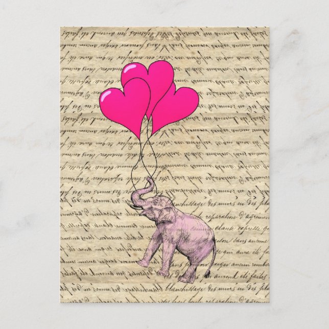 Pink elephant holding balloons postcard (Front)