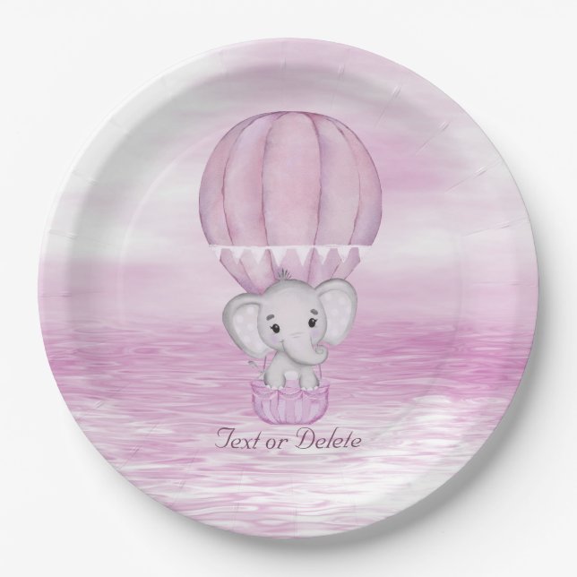 Pink Elephant Hot Air Balloon Paper Plate (Front)