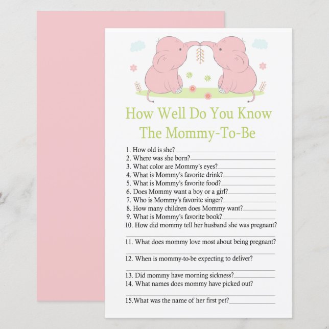 Pink Elephant How well do you know baby showergame (Front/Back)