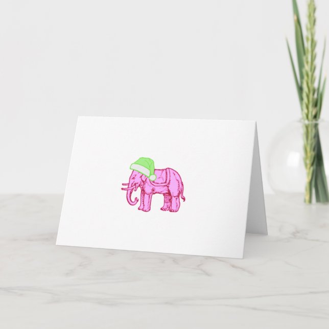 Pink Elephant in Green Santa Hat Card (Front)