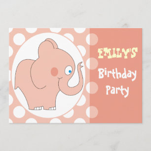 Pink Elephant Kids Birthday Party Invitations
