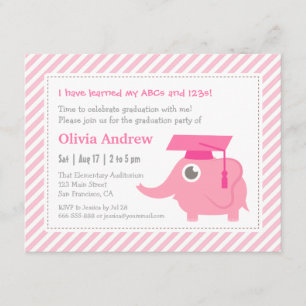 Pink Elephant Kids Kindergarten Graduation Party Invitation
