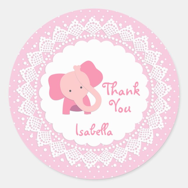 Pink elephant, lace, polka dot Thank You Sticker (Front)