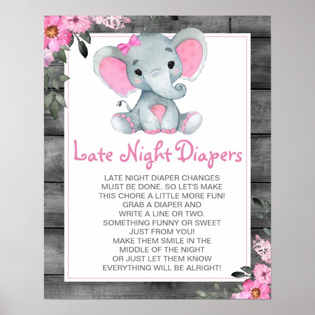 Pink Elephant Late Night Diapers Baby Shower Sign (Front)